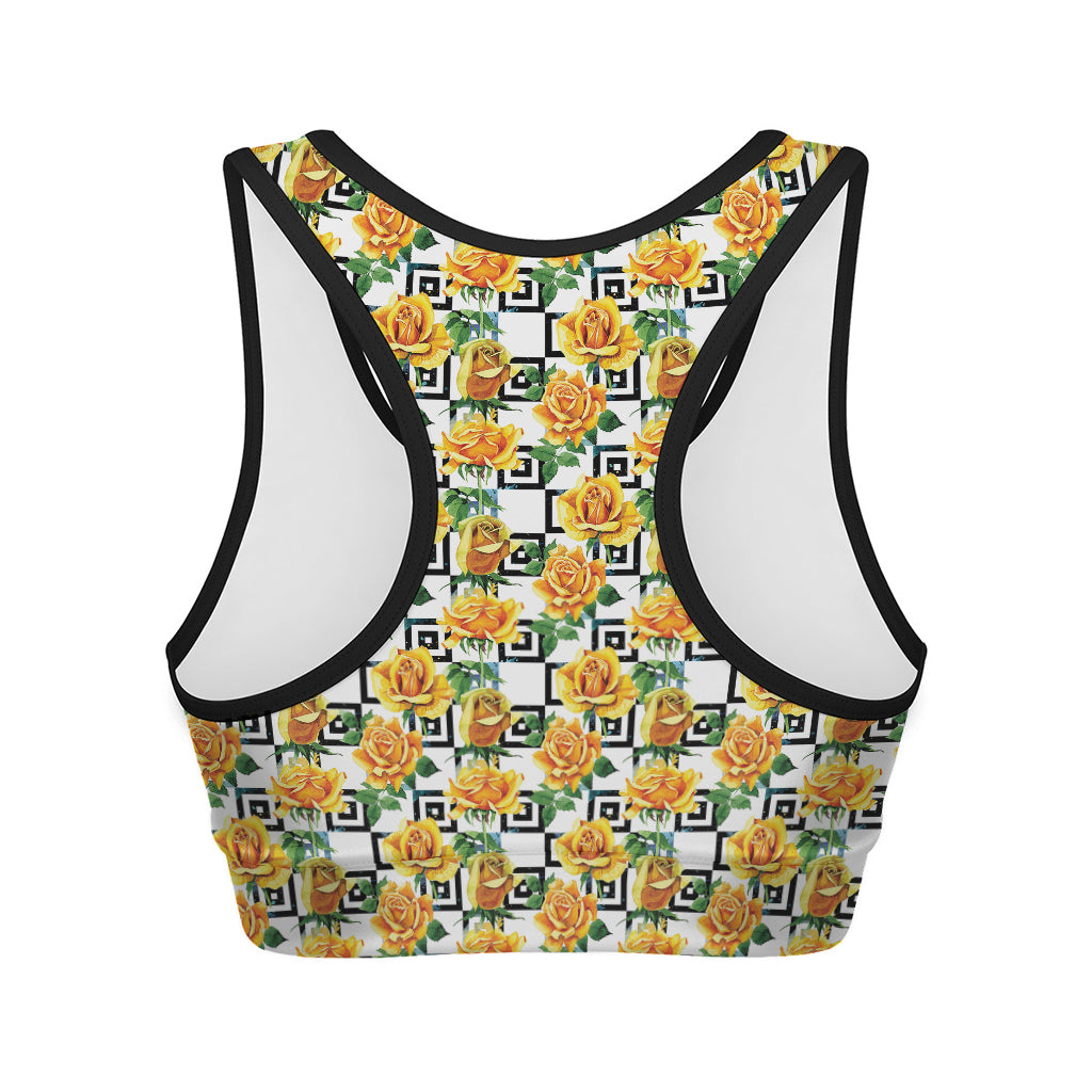 Yellow Watercolor Rose Print Women's Sports Bra