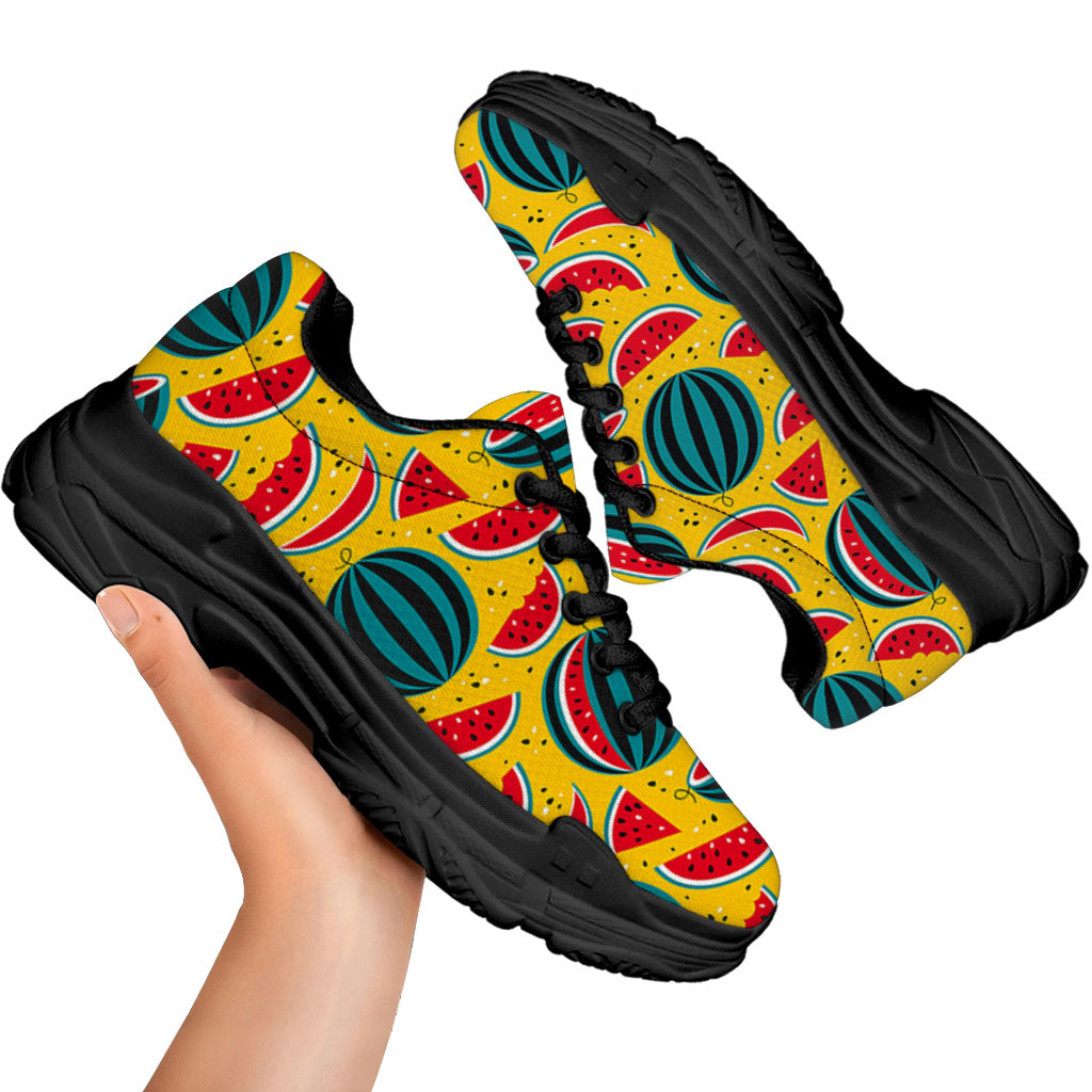 Yellow Watermelon Pieces Pattern Print Black Chunky Shoes