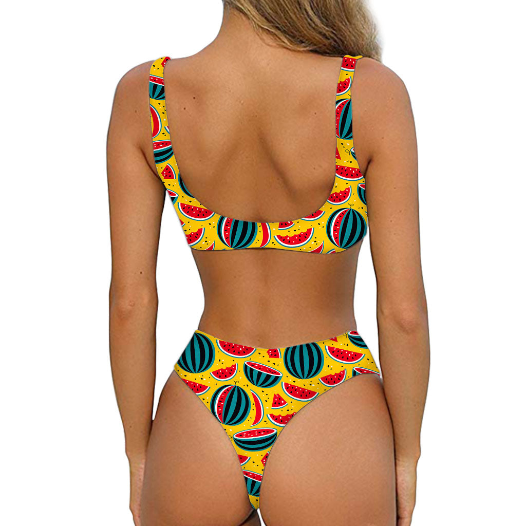 Yellow Watermelon Pieces Pattern Print Front Bow Tie Bikini
