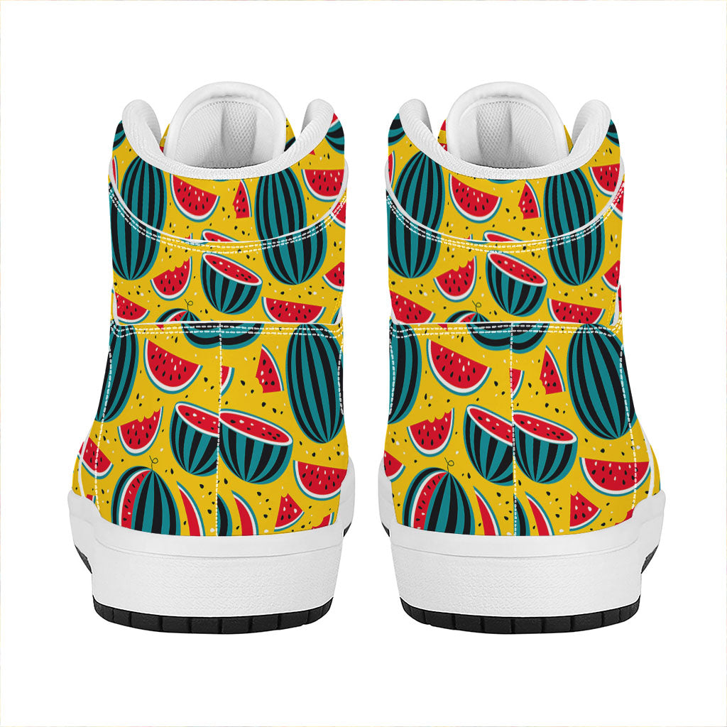 Yellow Watermelon Pieces Pattern Print High Top Leather Sneakers