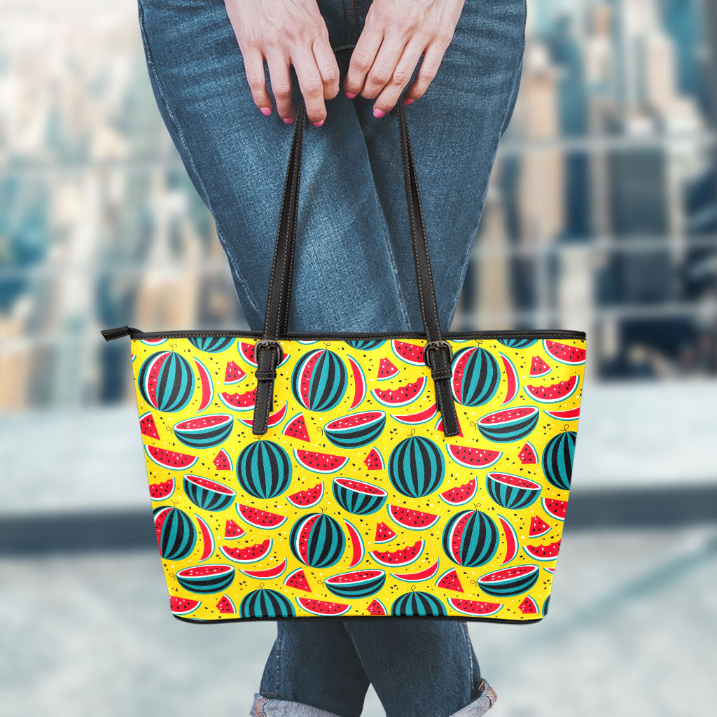 Yellow Watermelon Pieces Pattern Print Leather Tote Bag