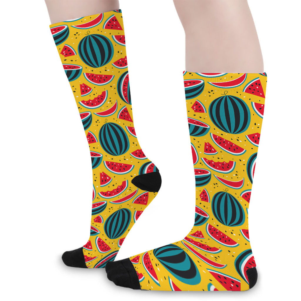 Yellow Watermelon Pieces Pattern Print Long Socks