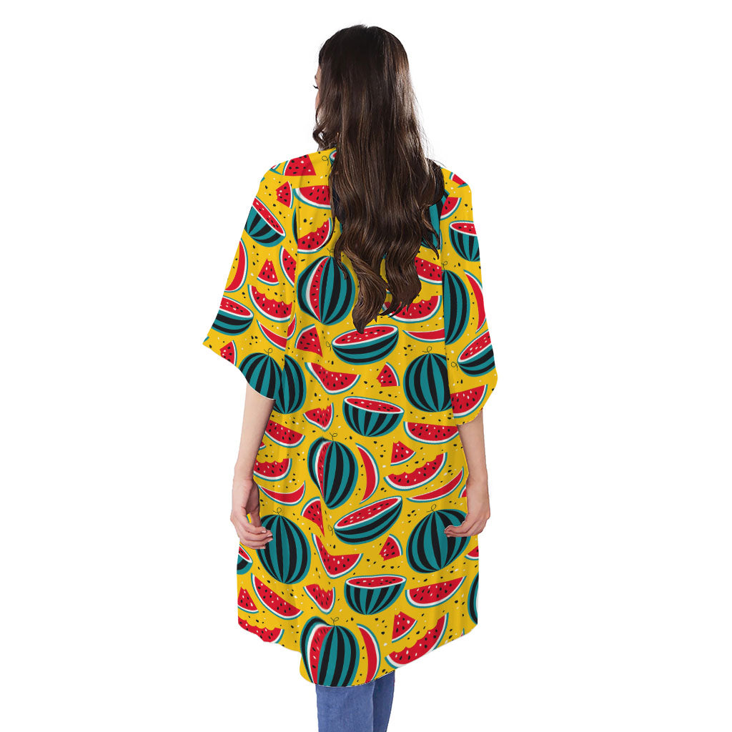 Yellow Watermelon Pieces Pattern Print Open Front Beach Cover Up