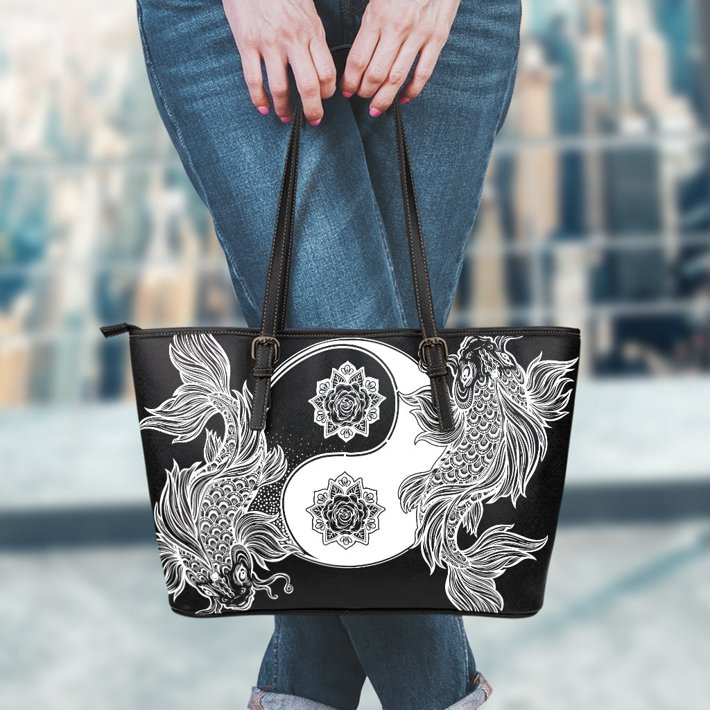 Yin And Yang Koi Carp Fish Print Leather Tote Bag