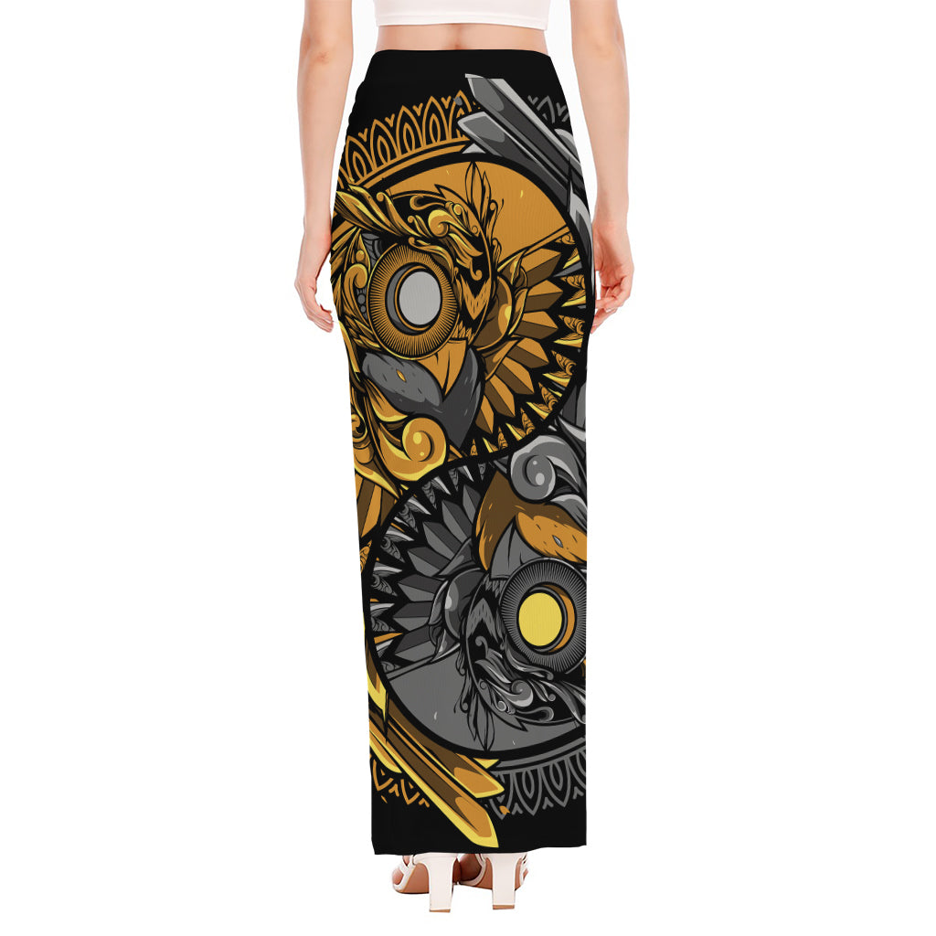 Yin Yang Owl Print High Slit Maxi Skirt