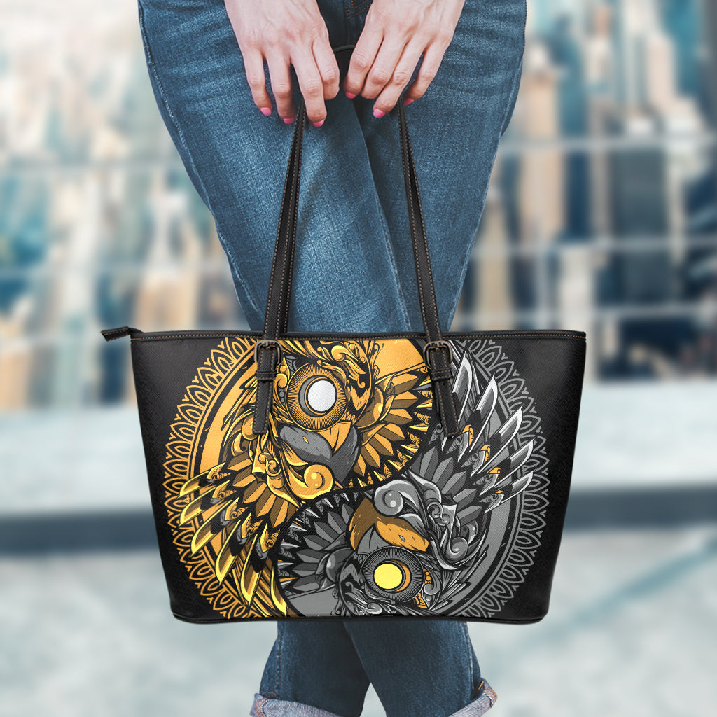 Yin Yang Owl Print Leather Tote Bag