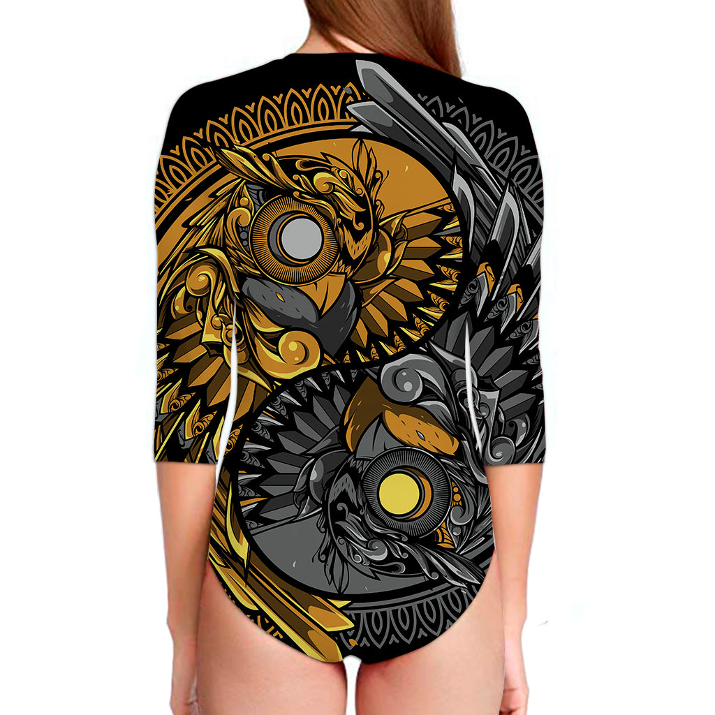 Yin Yang Owl Print Long Sleeve Swimsuit