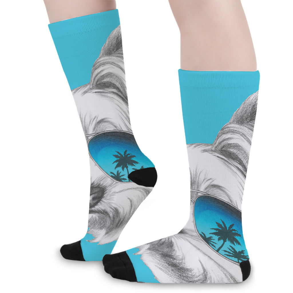 Yorkshire Terrier With Sunglasses Print Long Socks