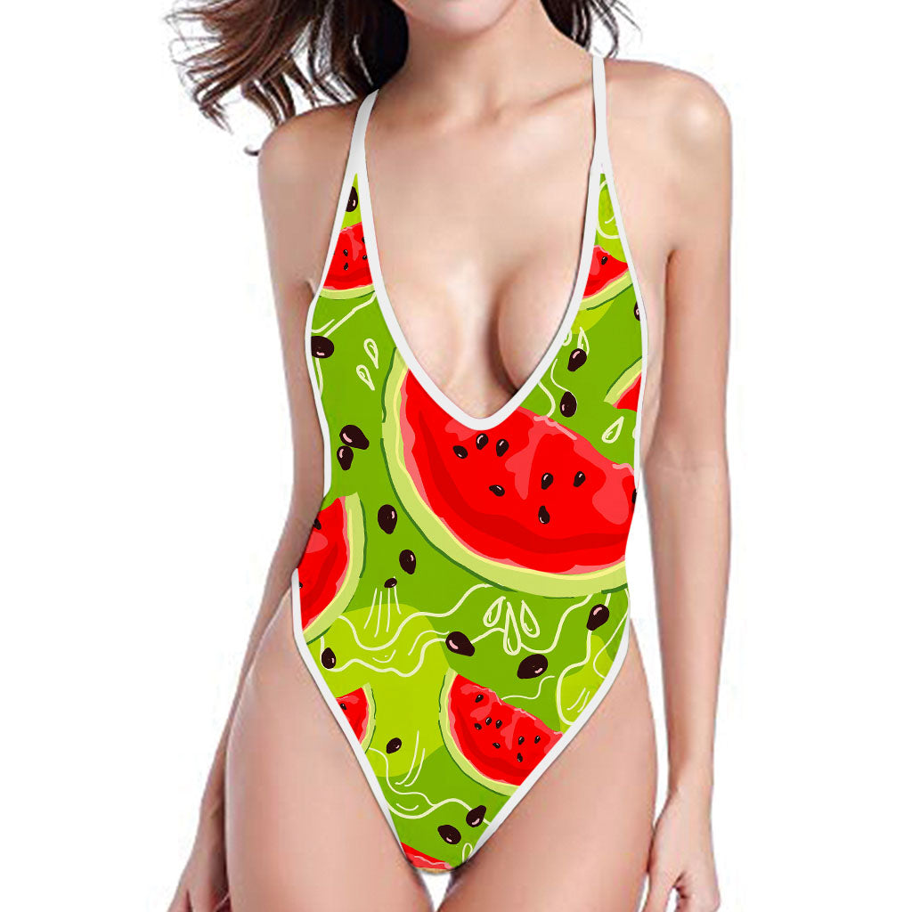 Yummy Watermelon Pieces Pattern Print High Cut One Piece Swimsuit