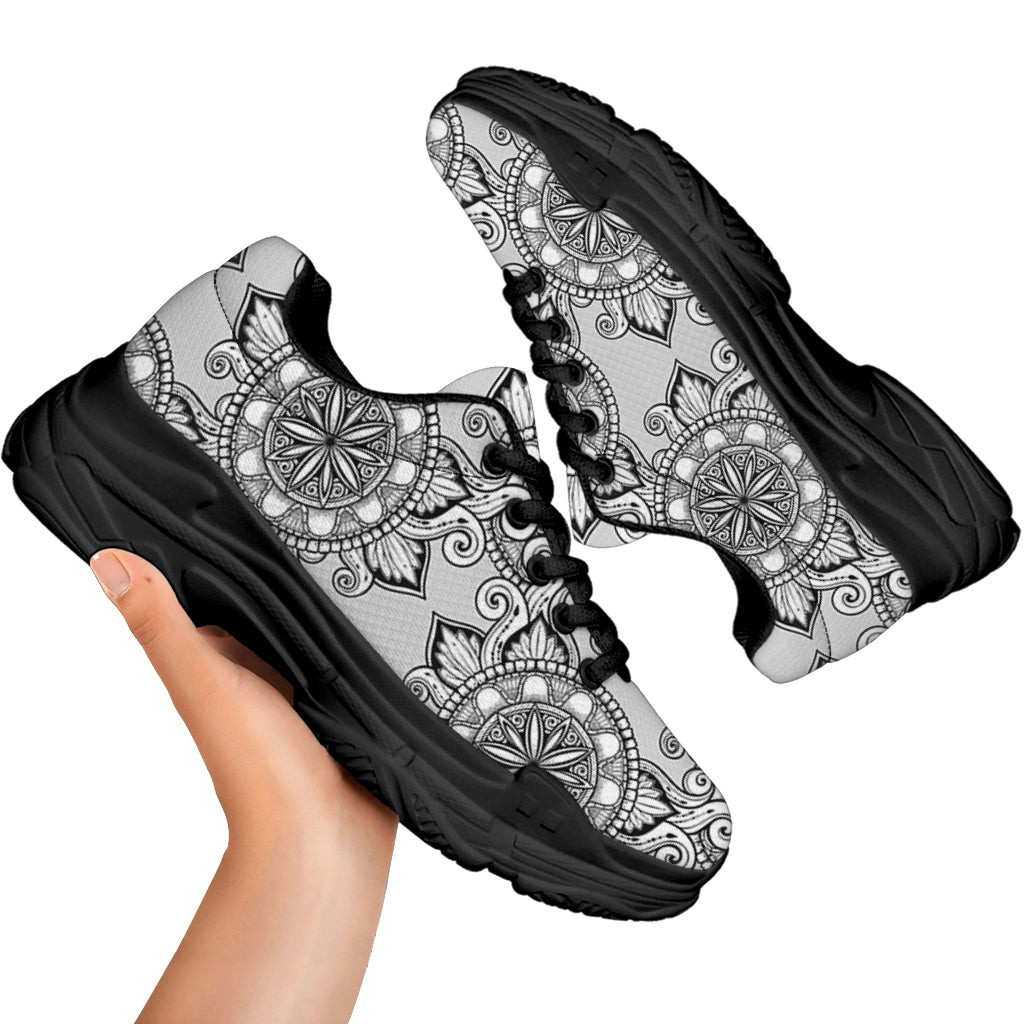Zentangle Floral Pattern Print Black Chunky Shoes
