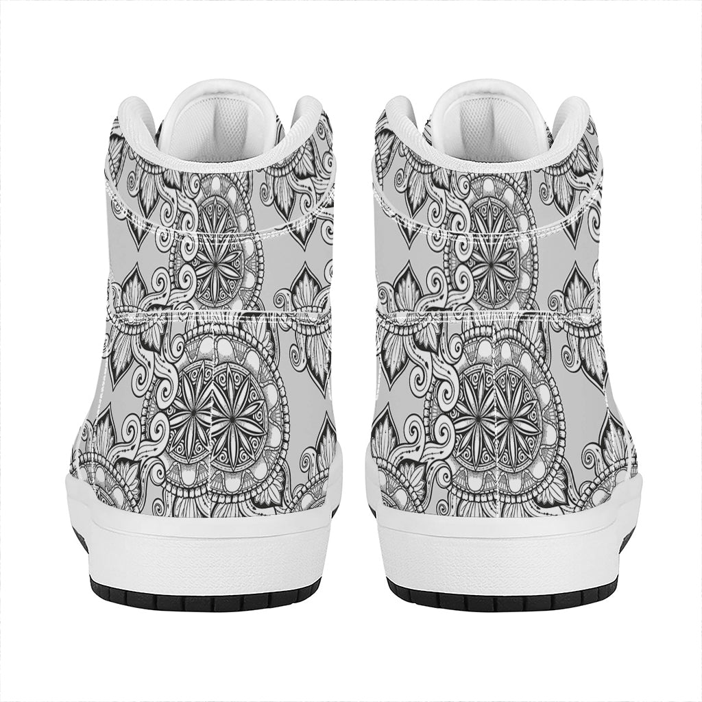 Zentangle Floral Pattern Print High Top Leather Sneakers