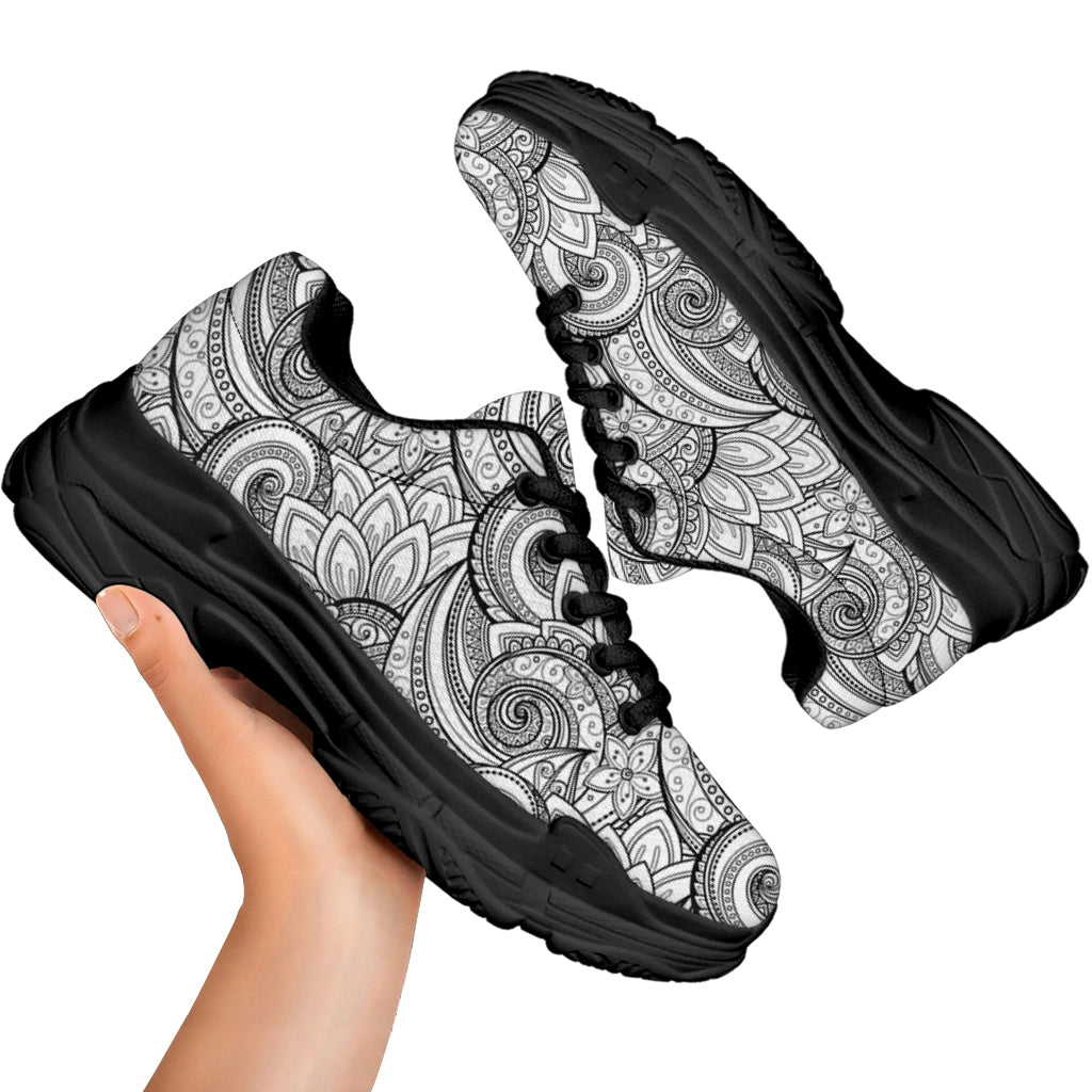 Zentangle Flower Pattern Print Black Chunky Shoes