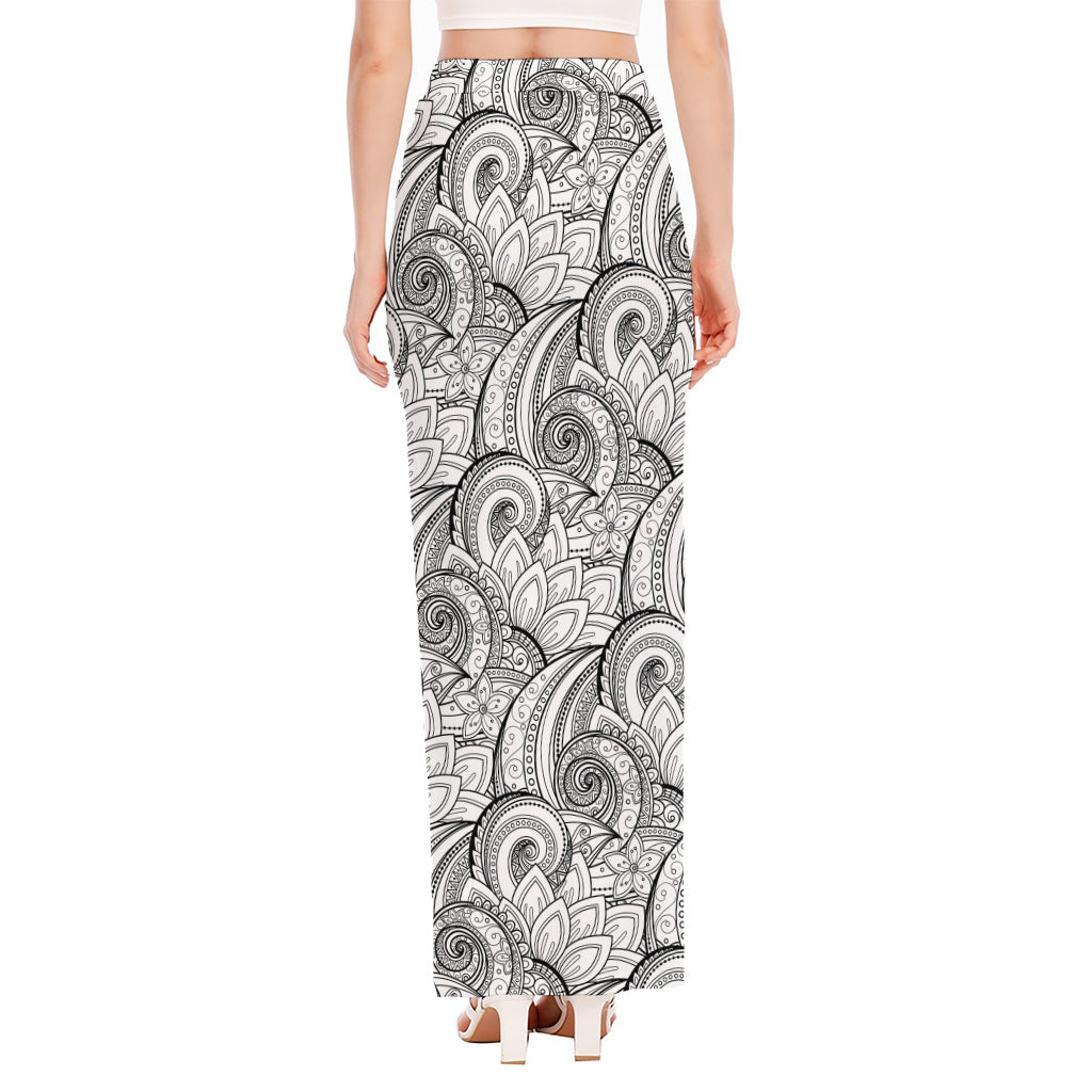 Zentangle Flower Pattern Print High Slit Maxi Skirt