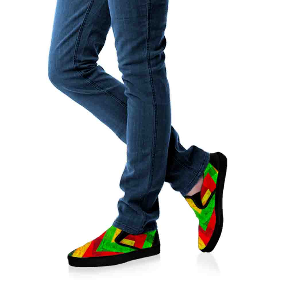 Zig Zag Reggae Pattern Print Black Slip On Sneakers