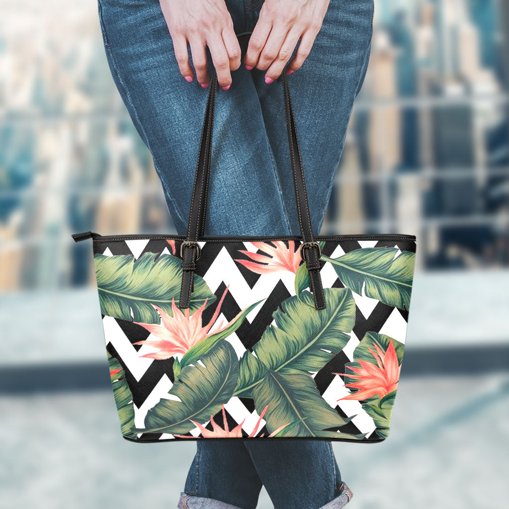 Zig Zag Tropical Pattern Print Leather Tote Bag
