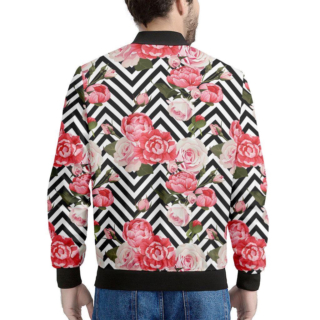 Zigzag Peony And Rose Pattern Print Men's Bomber Jacket