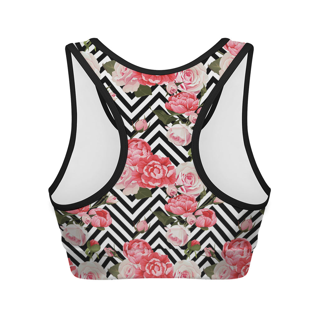 Zigzag Peony And Rose Pattern Print Women's Sports Bra