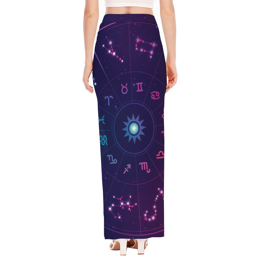 Zodiac Symbols Wheel Print High Slit Maxi Skirt