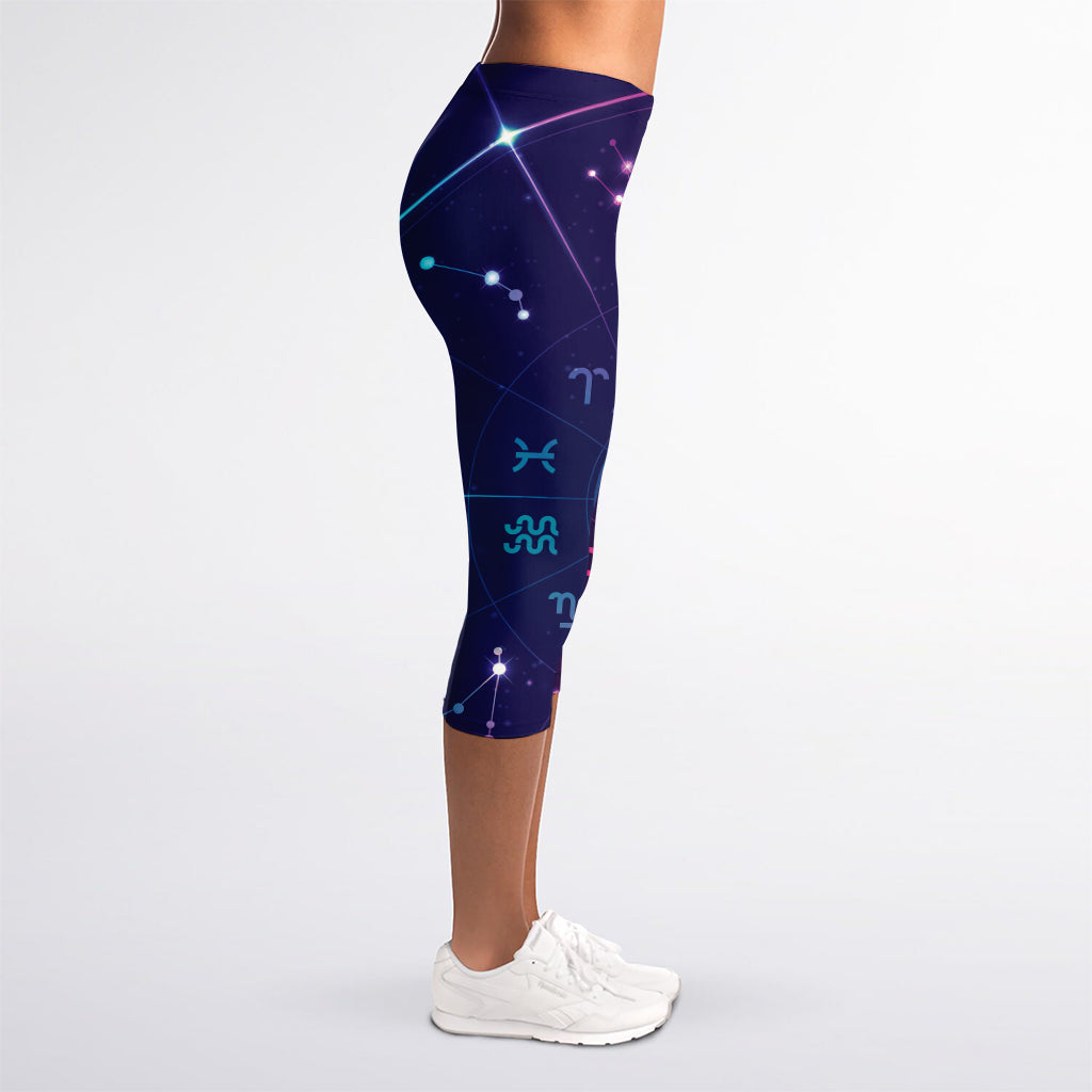 Zodiac Symbols Wheel Print Women's Capri Leggings