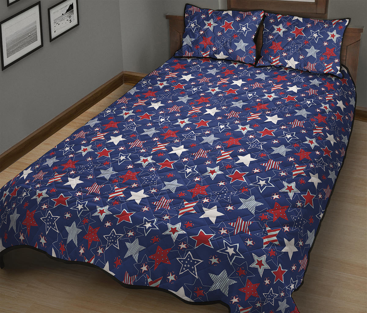 4th of July American Star Pattern Print Quilt Bed Set