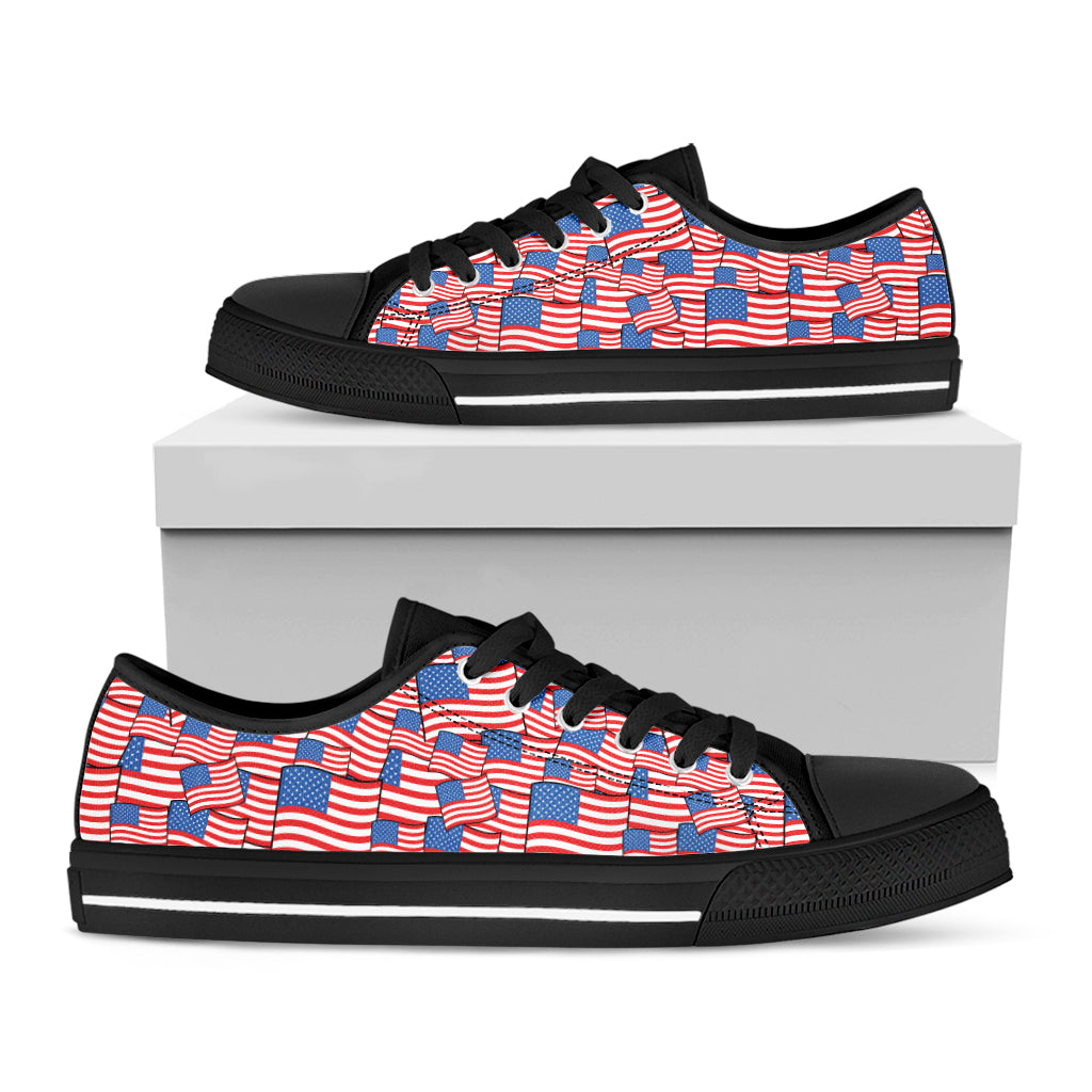 4th of July USA Flag Pattern Print Black Low Top Shoes