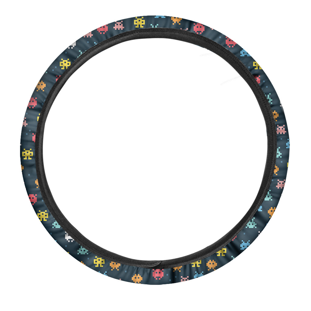8-Bit Video Game Monsters Pattern Print Car Steering Wheel Cover