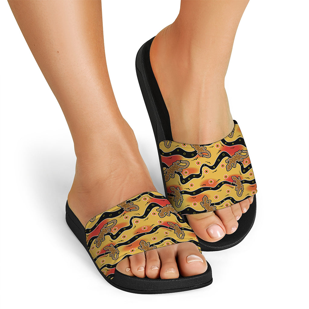 Aboriginal Lizard Pattern Print Black Slide Sandals