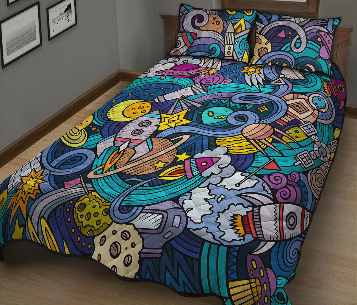 Abstract Cartoon Galaxy Space Print Quilt Bed Set