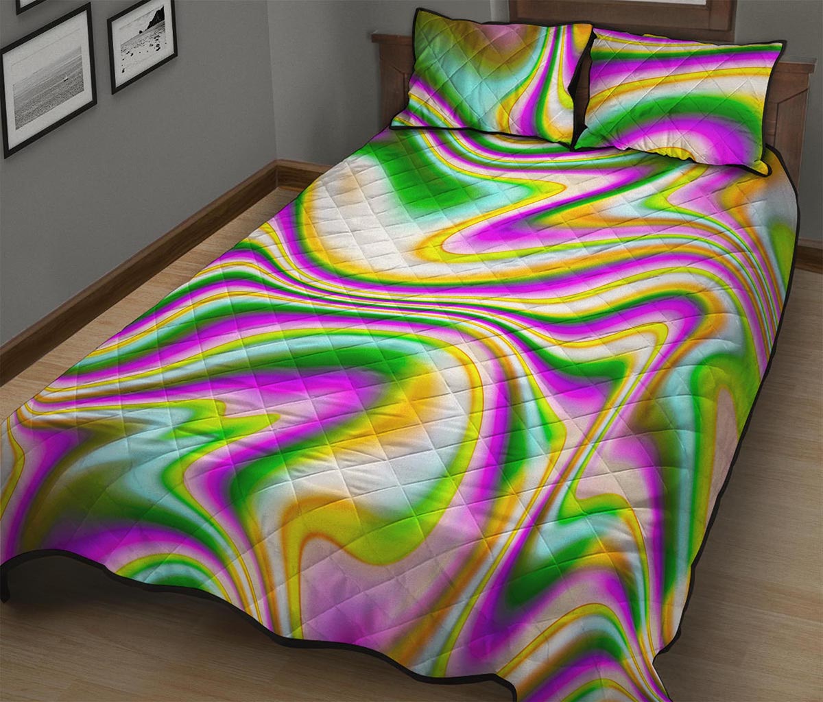 Abstract Holographic Liquid Trippy Print Quilt Bed Set