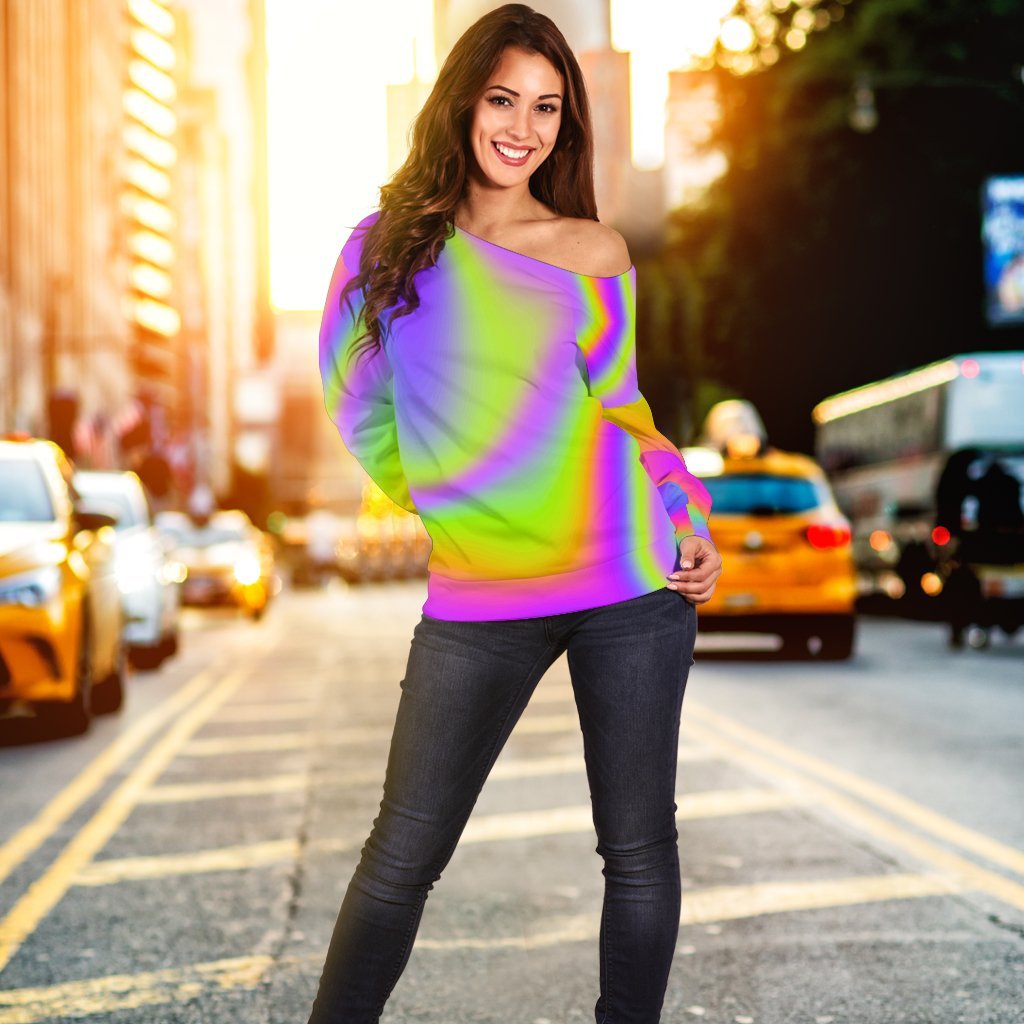 Abstract Holographic Trippy Print Off Shoulder Sweatshirt GearFrost