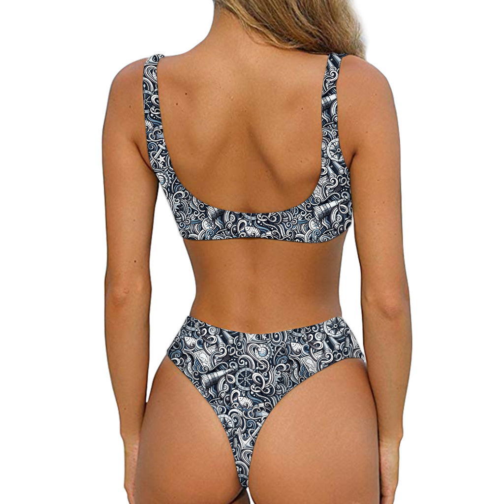 Abstract Nautical Anchor Pattern Print Front Bow Tie Bikini