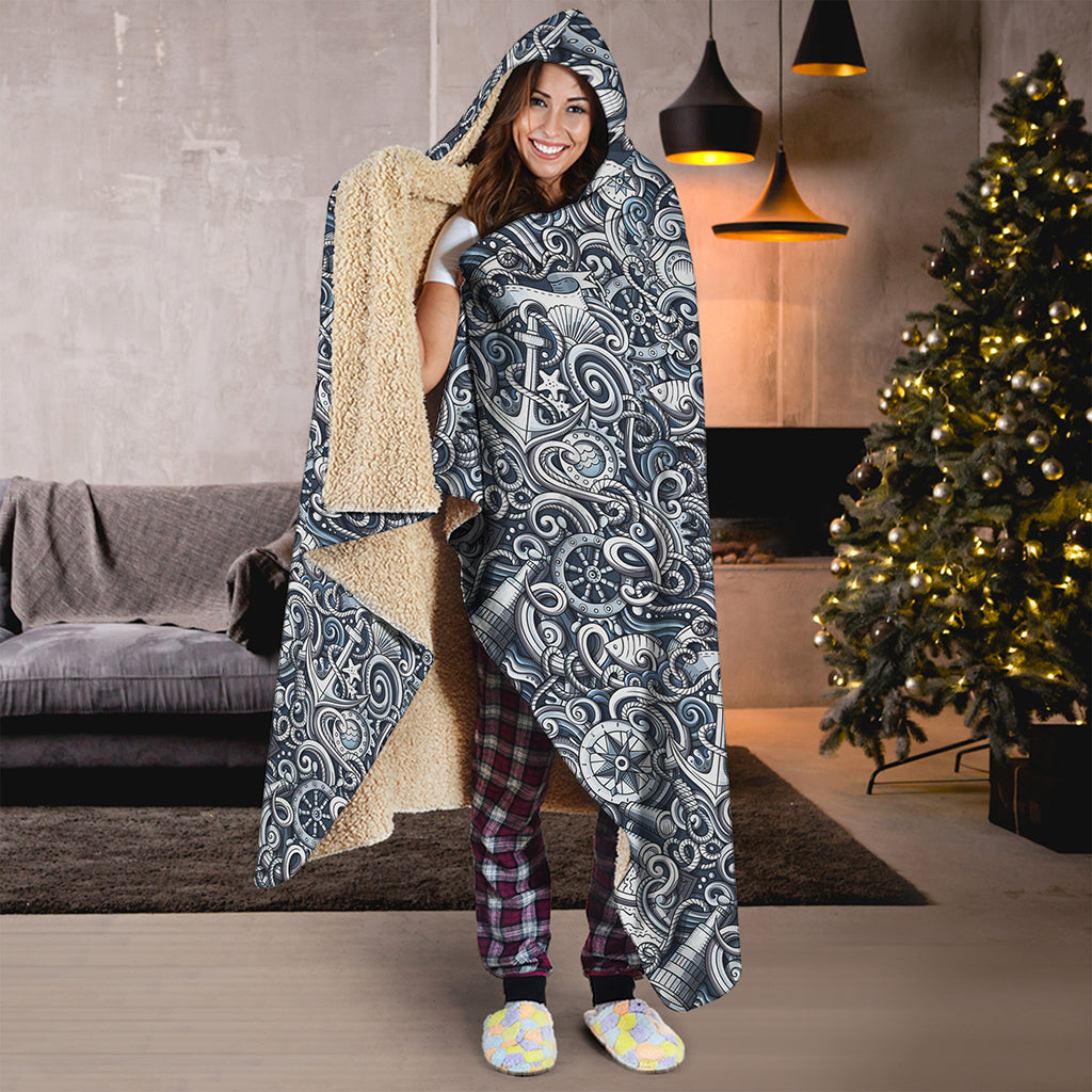 Abstract Nautical Anchor Pattern Print Hooded Blanket