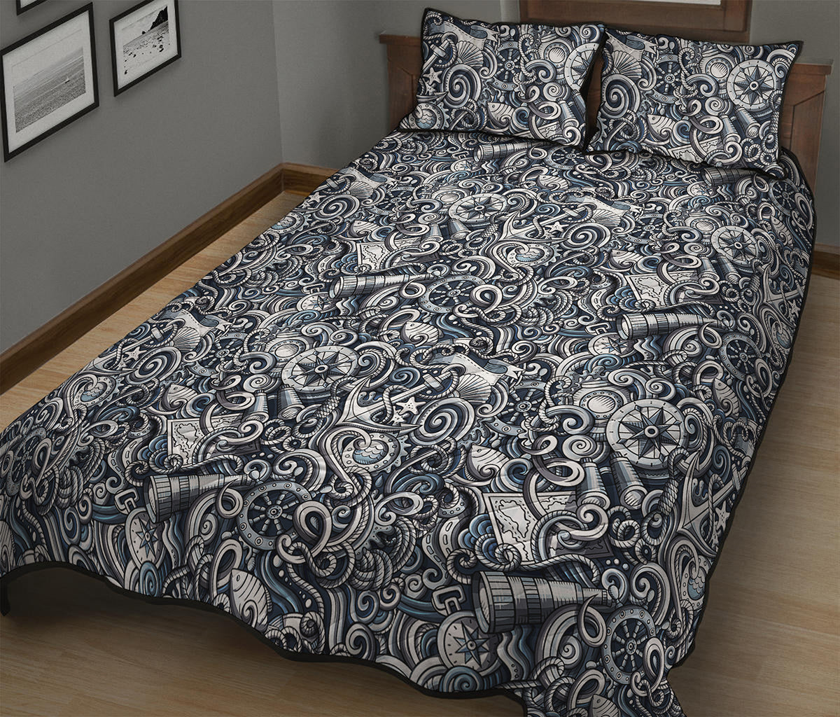Abstract Nautical Anchor Pattern Print Quilt Bed Set