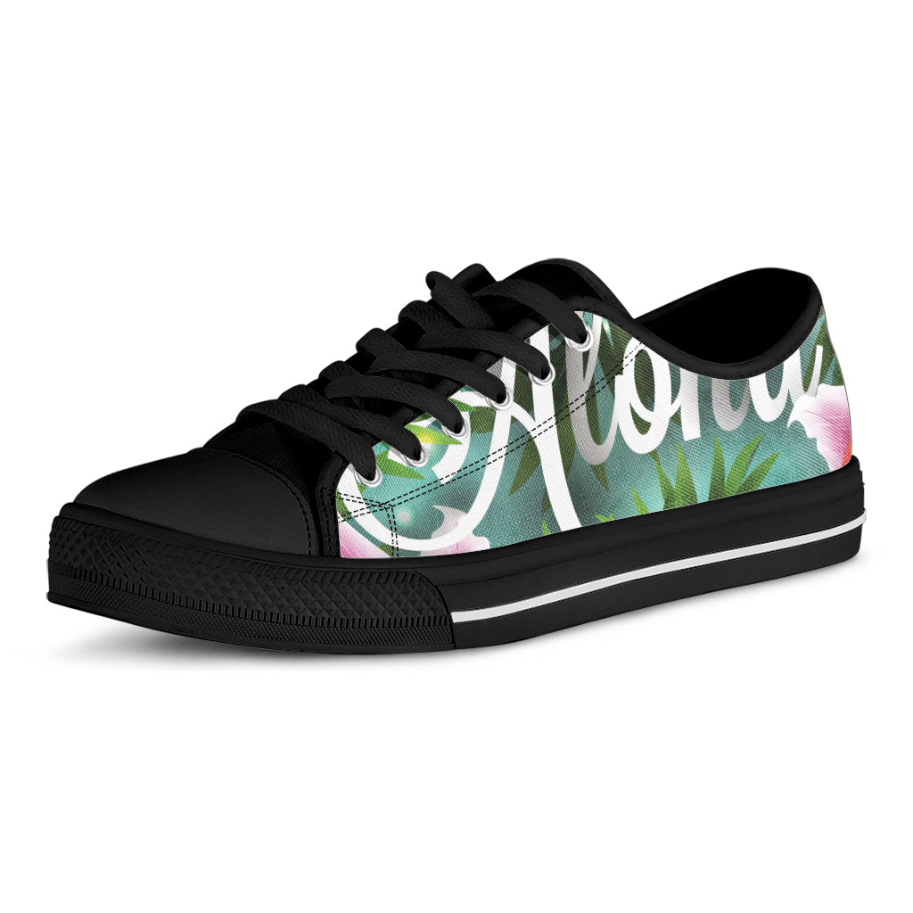 Aloha Hawaiian Flower Print Black Low Top Shoes