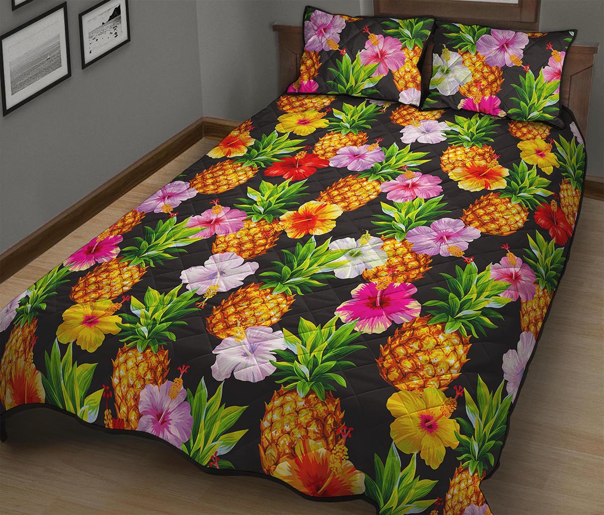 Aloha Hibiscus Pineapple Pattern Print Quilt Bed Set