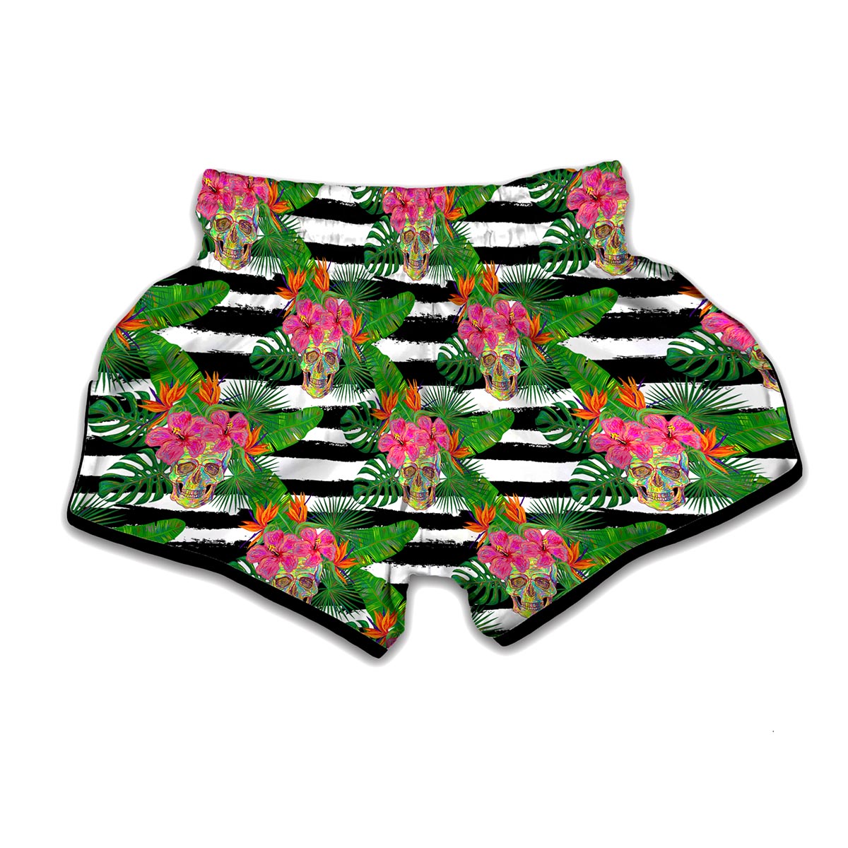 Aloha Skull Striped Pattern Print Muay Thai Boxing Shorts