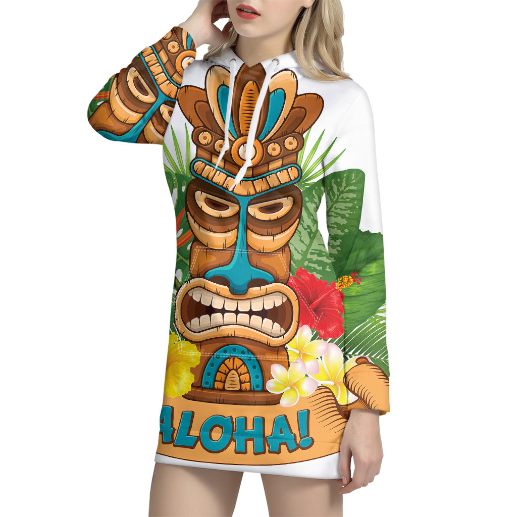 Aloha Tiki Print Pullover Hoodie Dress