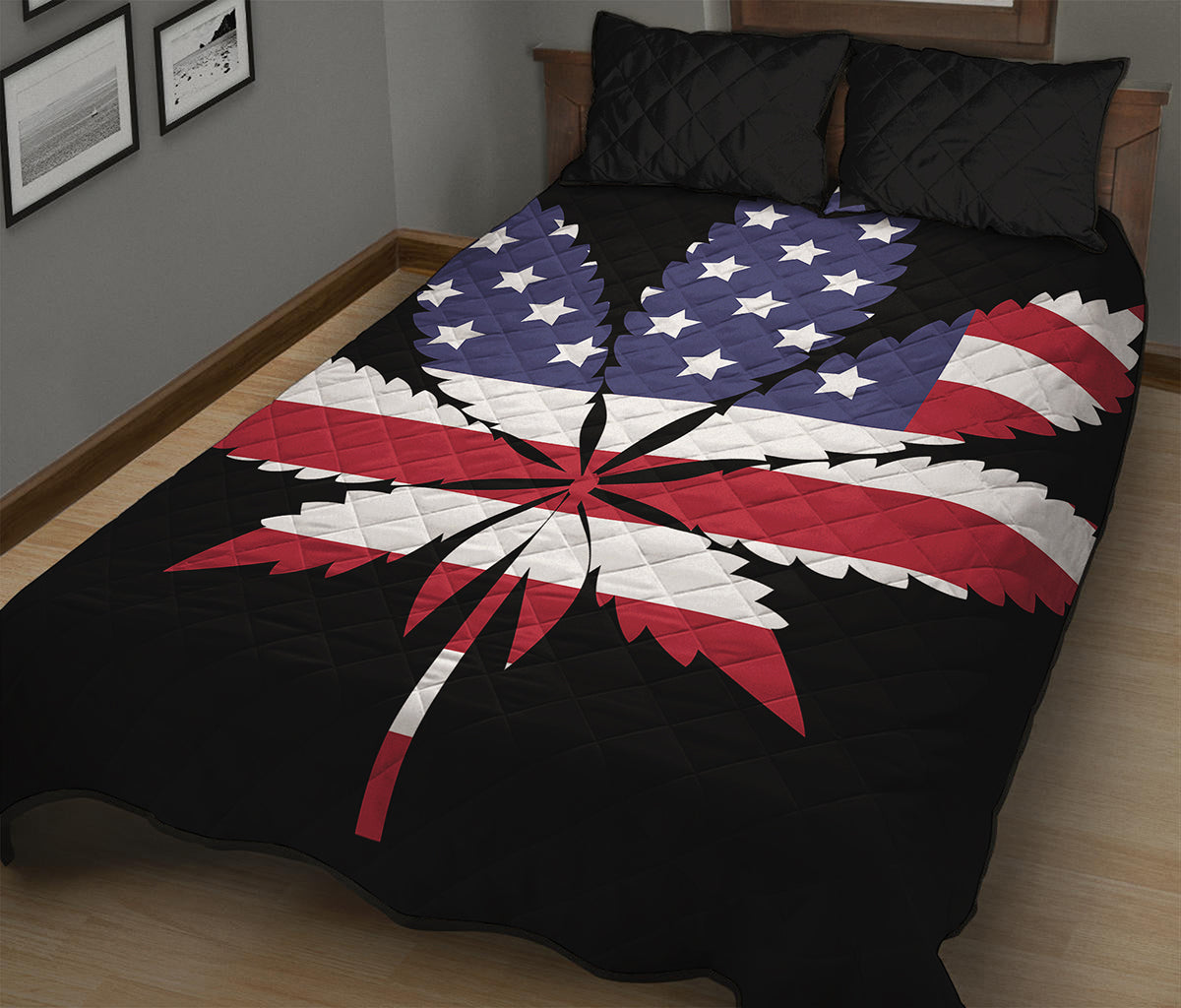 American Cannabis Leaf Flag Print Quilt Bed Set