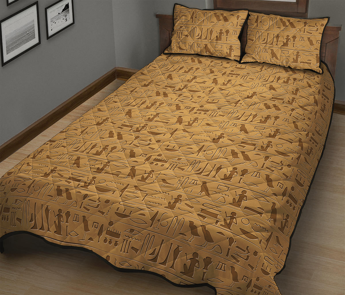 Ancient Egyptian Hieroglyphs Print Quilt Bed Set