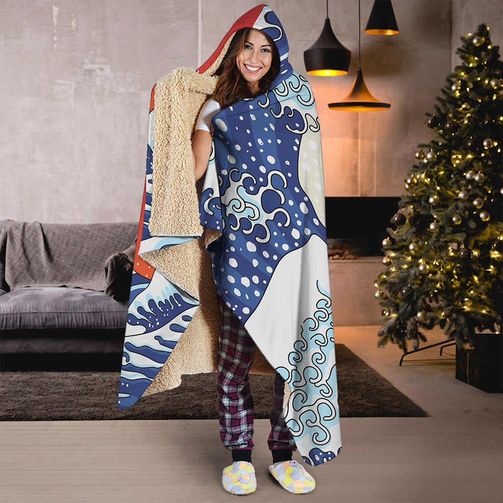 Ancient Great Japanese Wave Print Hooded Blanket