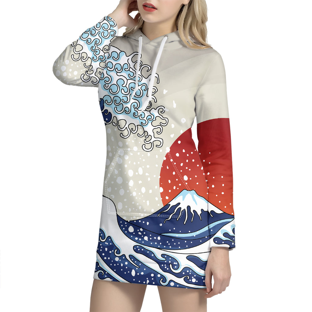 Ancient Great Japanese Wave Print Pullover Hoodie Dress