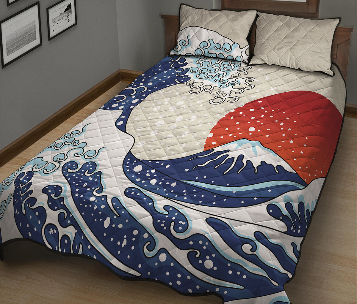Ancient Great Japanese Wave Print Quilt Bed Set