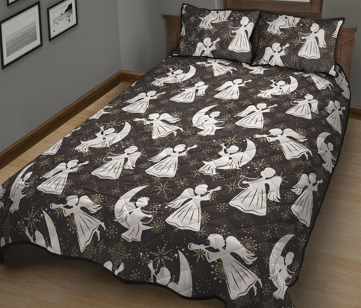 Angel And Snowflake Pattern Print Quilt Bed Set