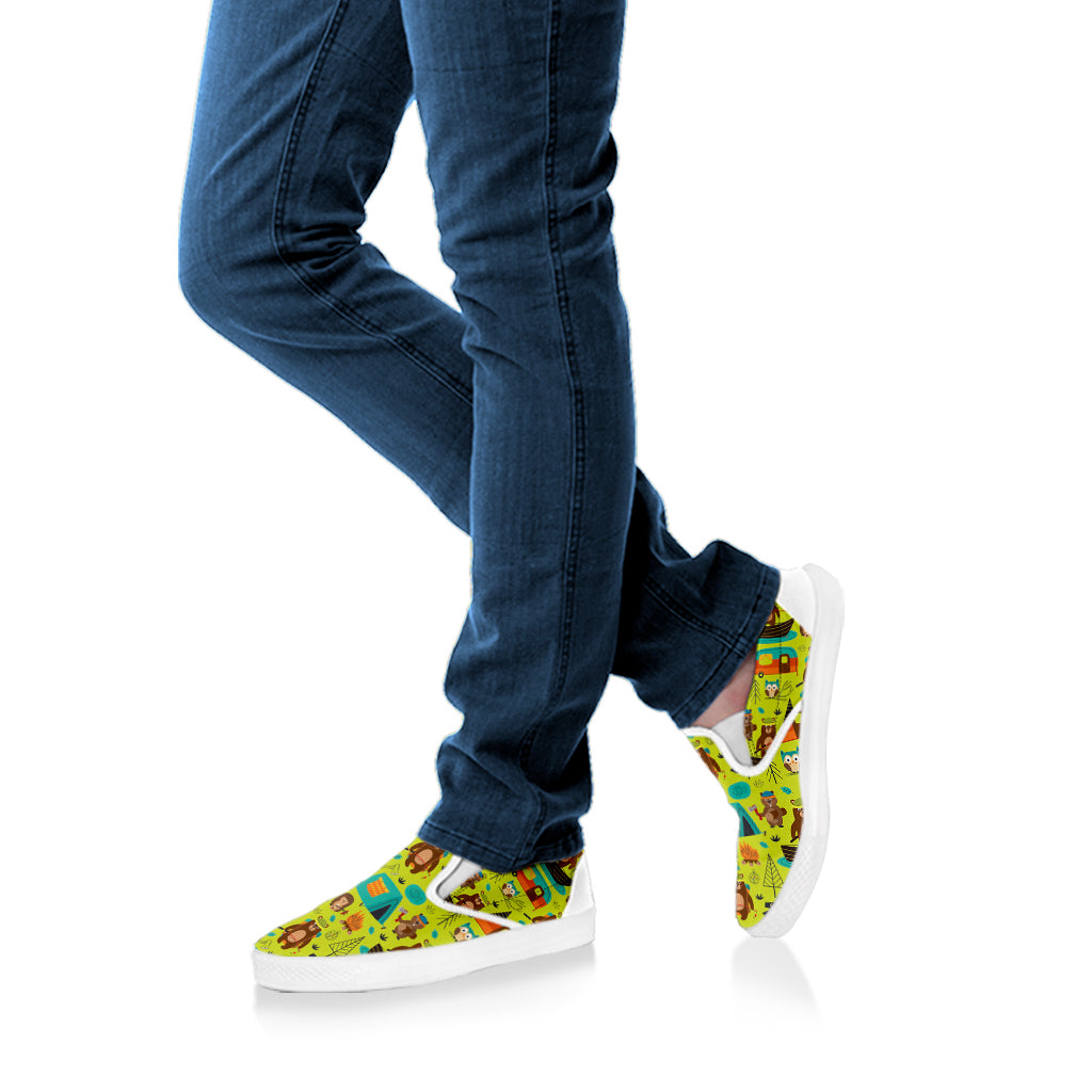 Animal Camping Pattern Print White Slip On Shoes
