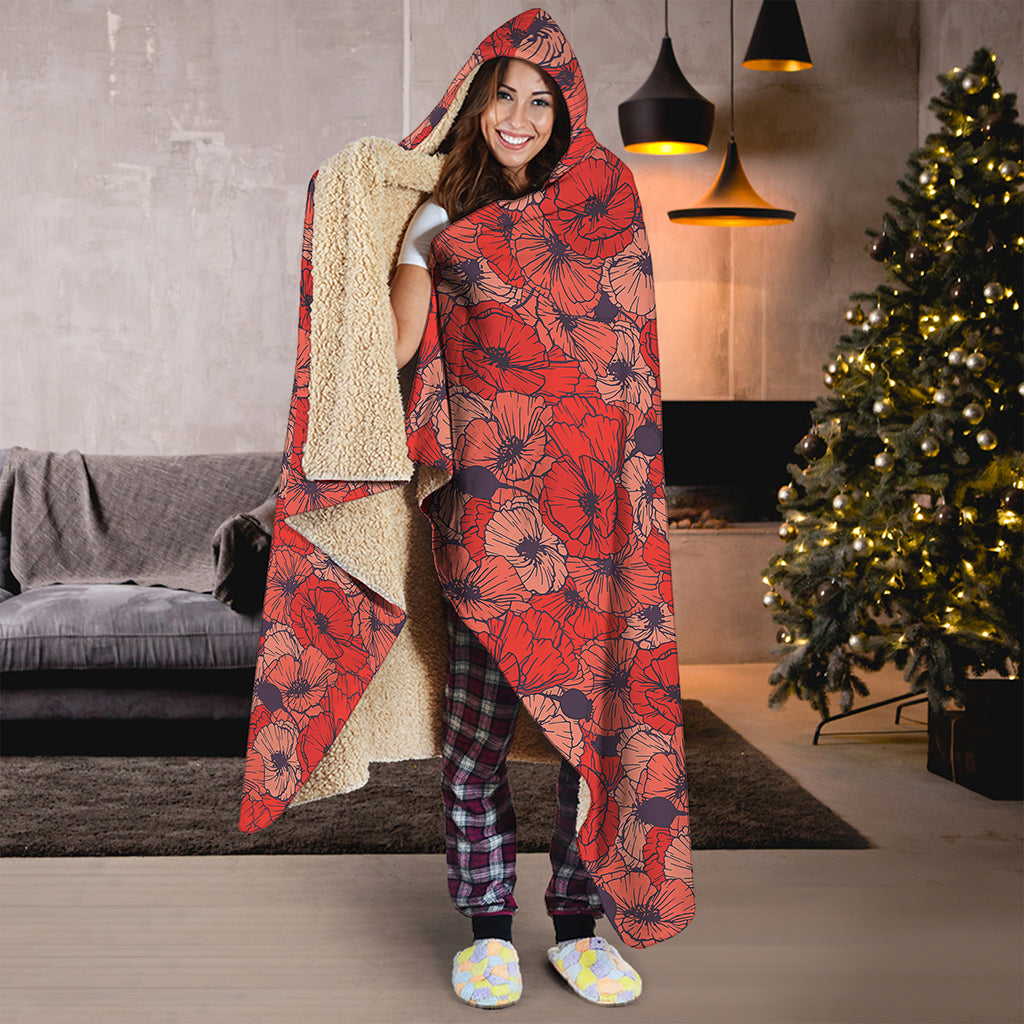 Armistice Day Poppy Pattern Print Hooded Blanket