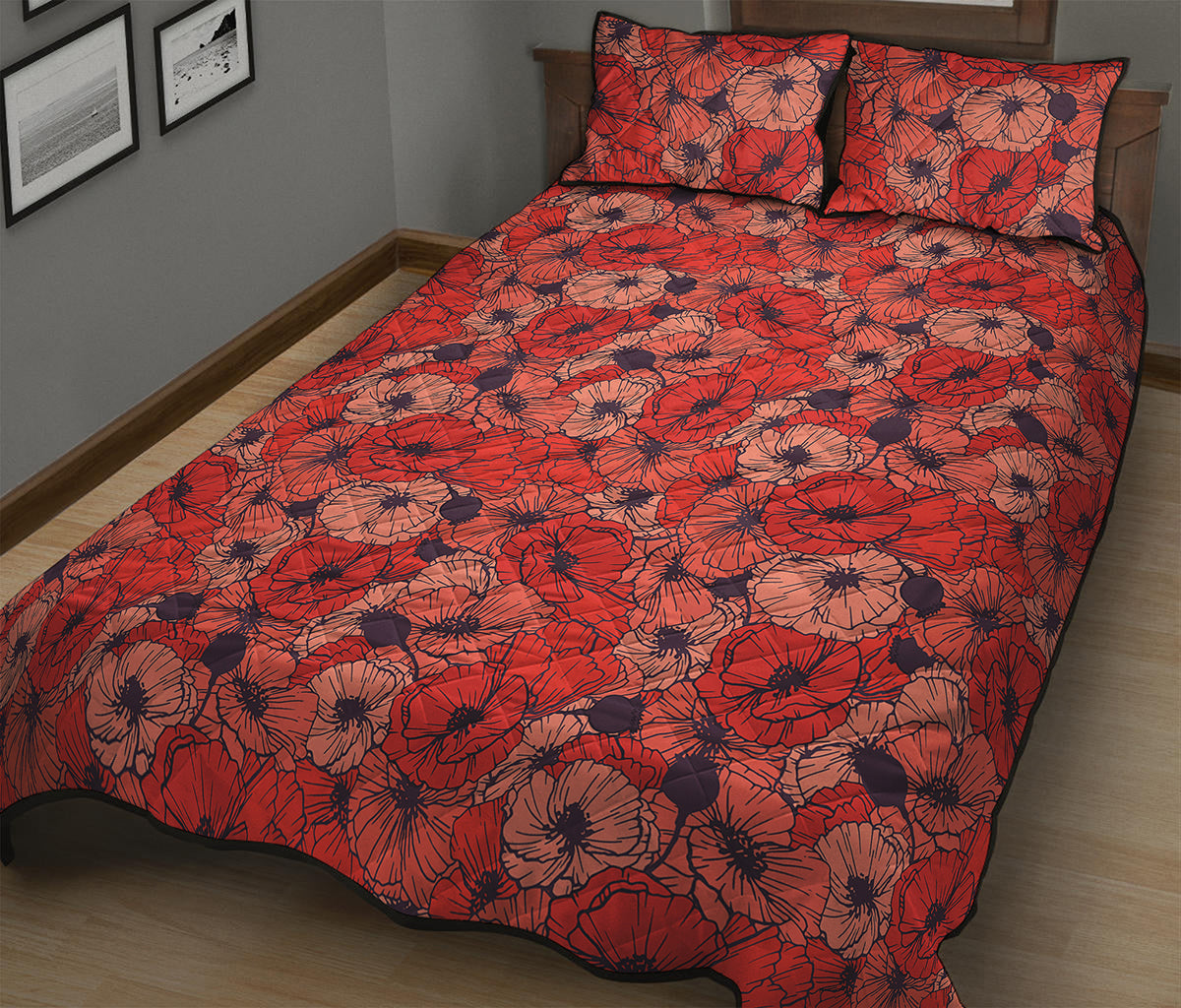 Armistice Day Poppy Pattern Print Quilt Bed Set