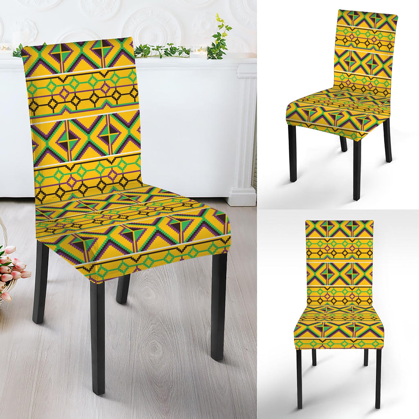 Asante Kente Pattern Print Dining Chair Slipcover