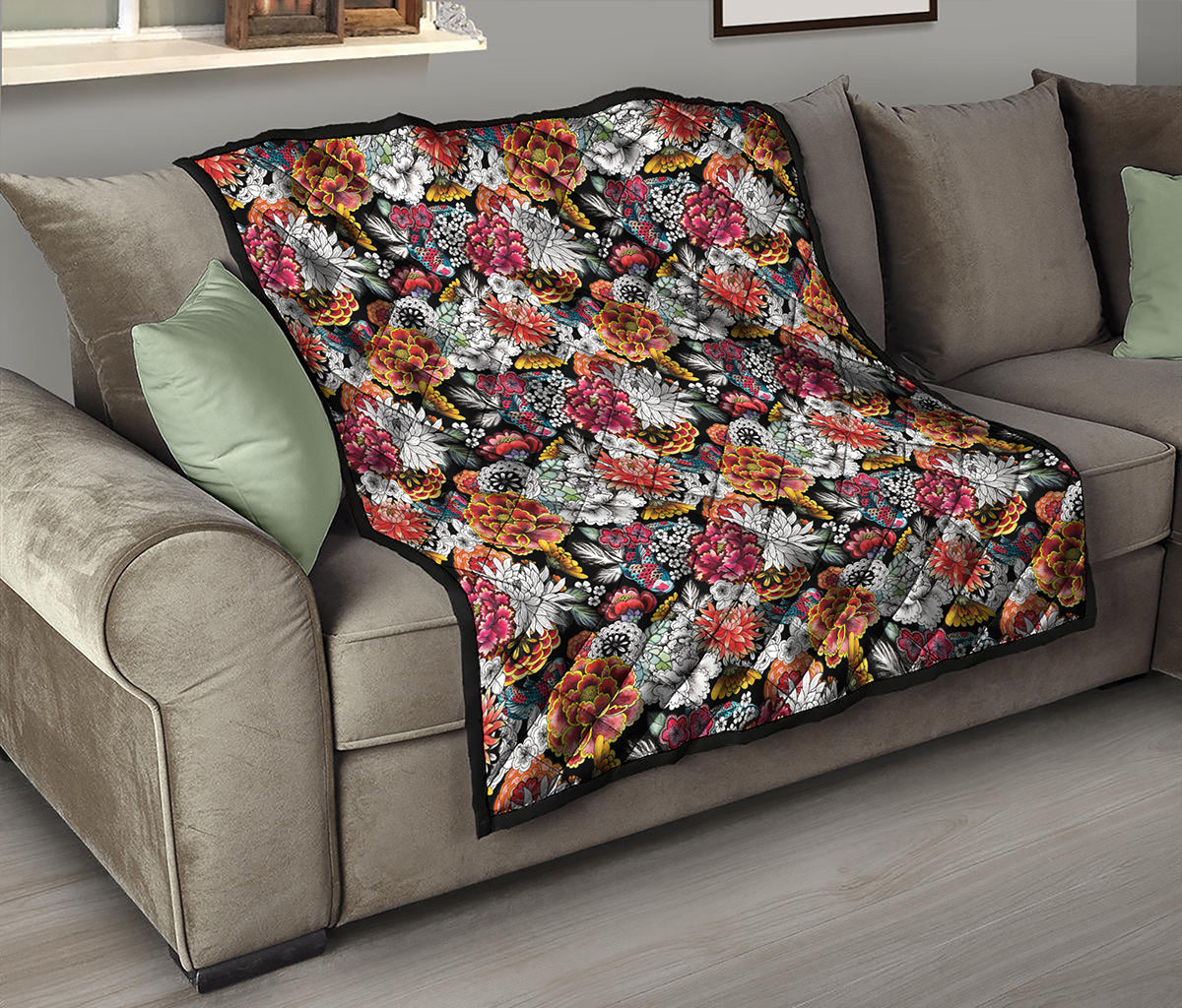 Asian Chrysanthemum Pattern Print Quilt