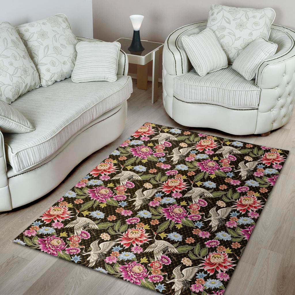 Asian Crane Bird Pattern Print Area Rug
