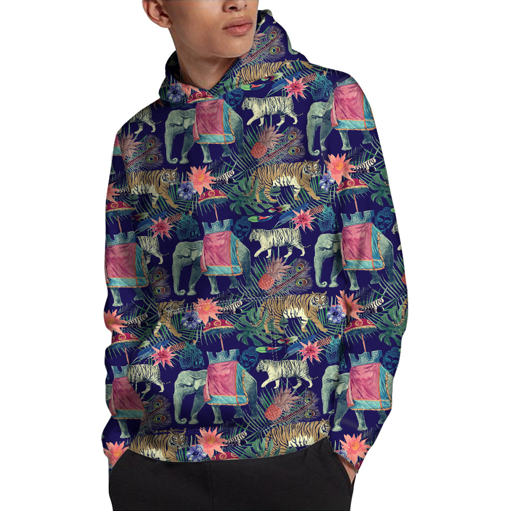 Asian Elephant And Tiger Print Pullover Hoodie
